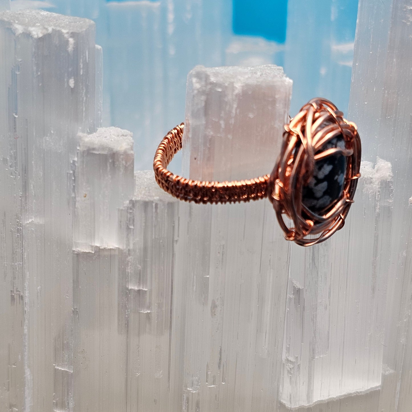 Snowflake Obsidian Copper Ring - Size 9.5