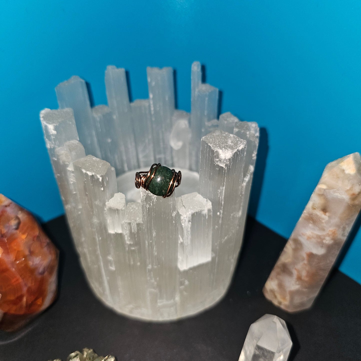 Deep Green Quartz Antique Copper Ring Size 5