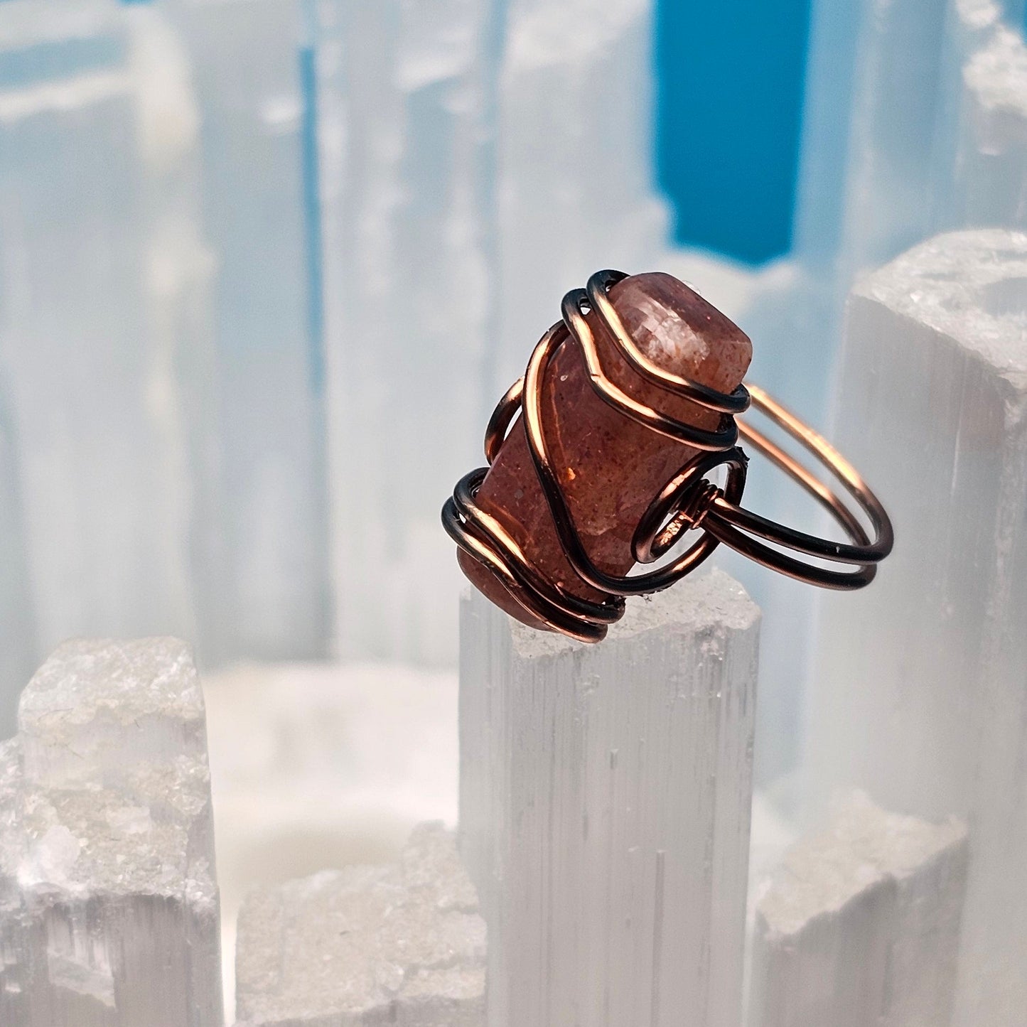 Sunstone Bar Antique Copper Ring Size 8.5