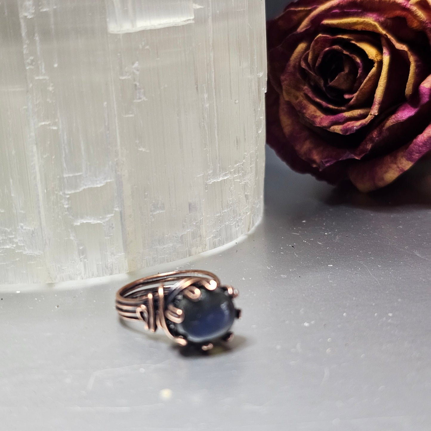 Blue Flash Labradorite Antiqued Copper Ring- Size 6