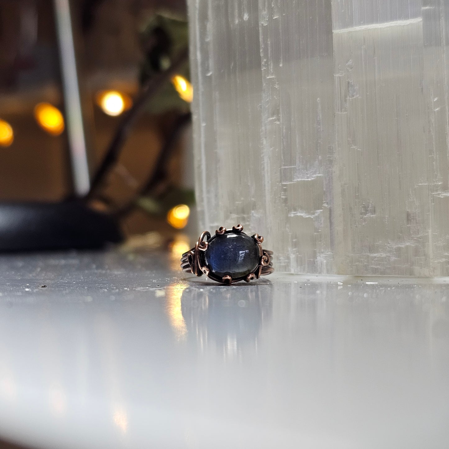 Blue Flash Labradorite Antiqued Copper Ring- Size 6