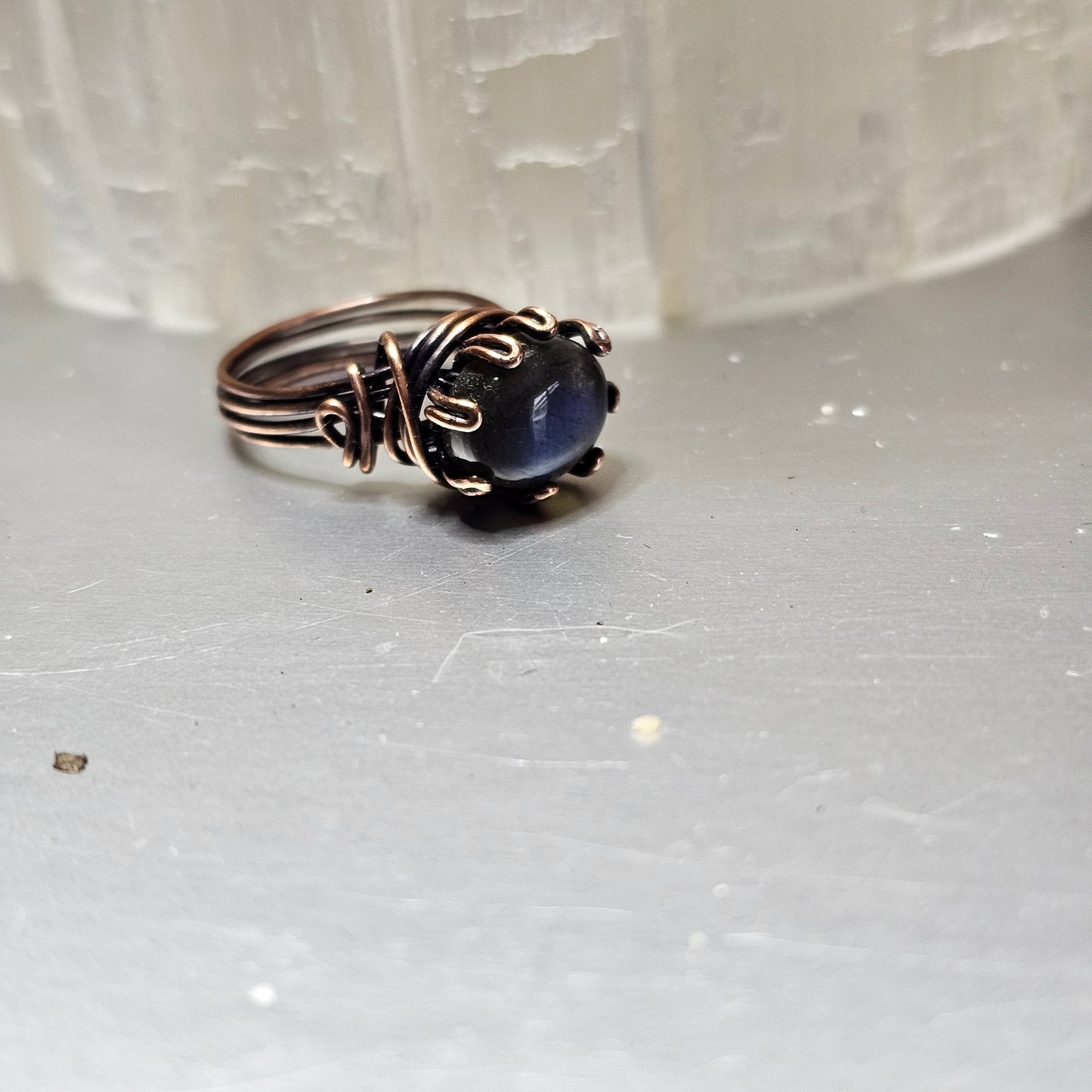 Blue Flash Labradorite Antiqued Copper Ring- Size 6