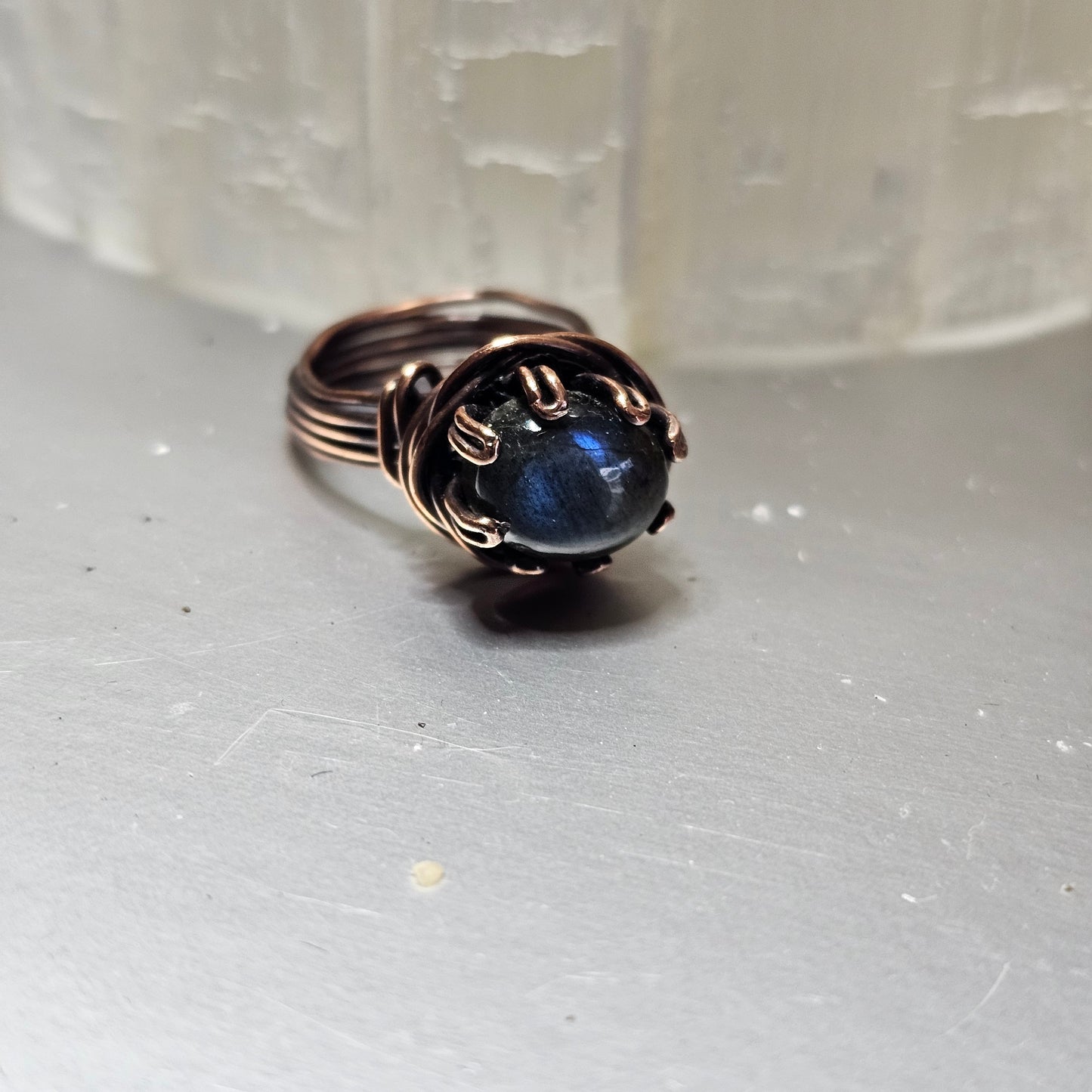 Blue Flash Labradorite Rosette Antiqued Copper Ring - Size 4