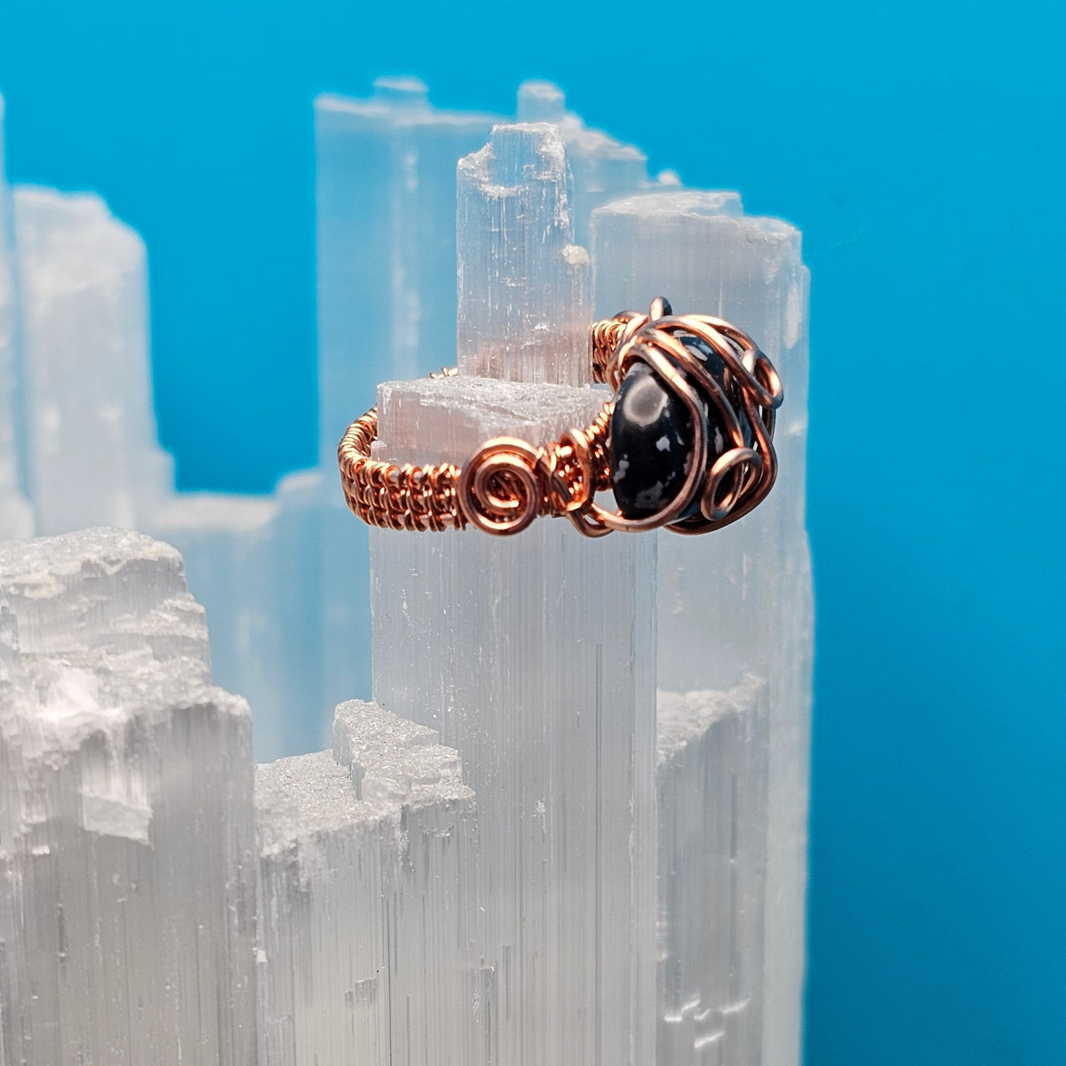 Snowflake Obsidian Swirls and Curls Copper Ring - Size 5.5