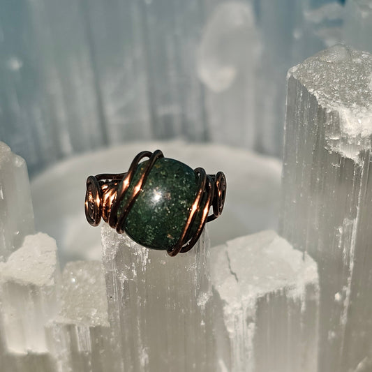 Deep Green Quartz Antique Copper Ring Size 5