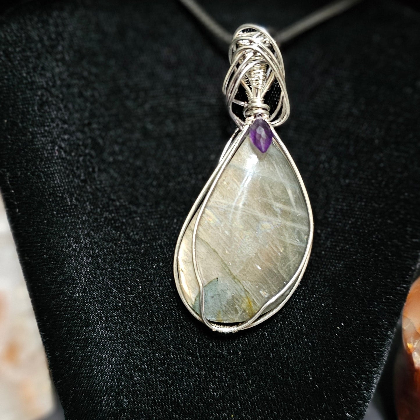 Silver Flash Labradorite with a Touch of Amethyst Silver Pendant