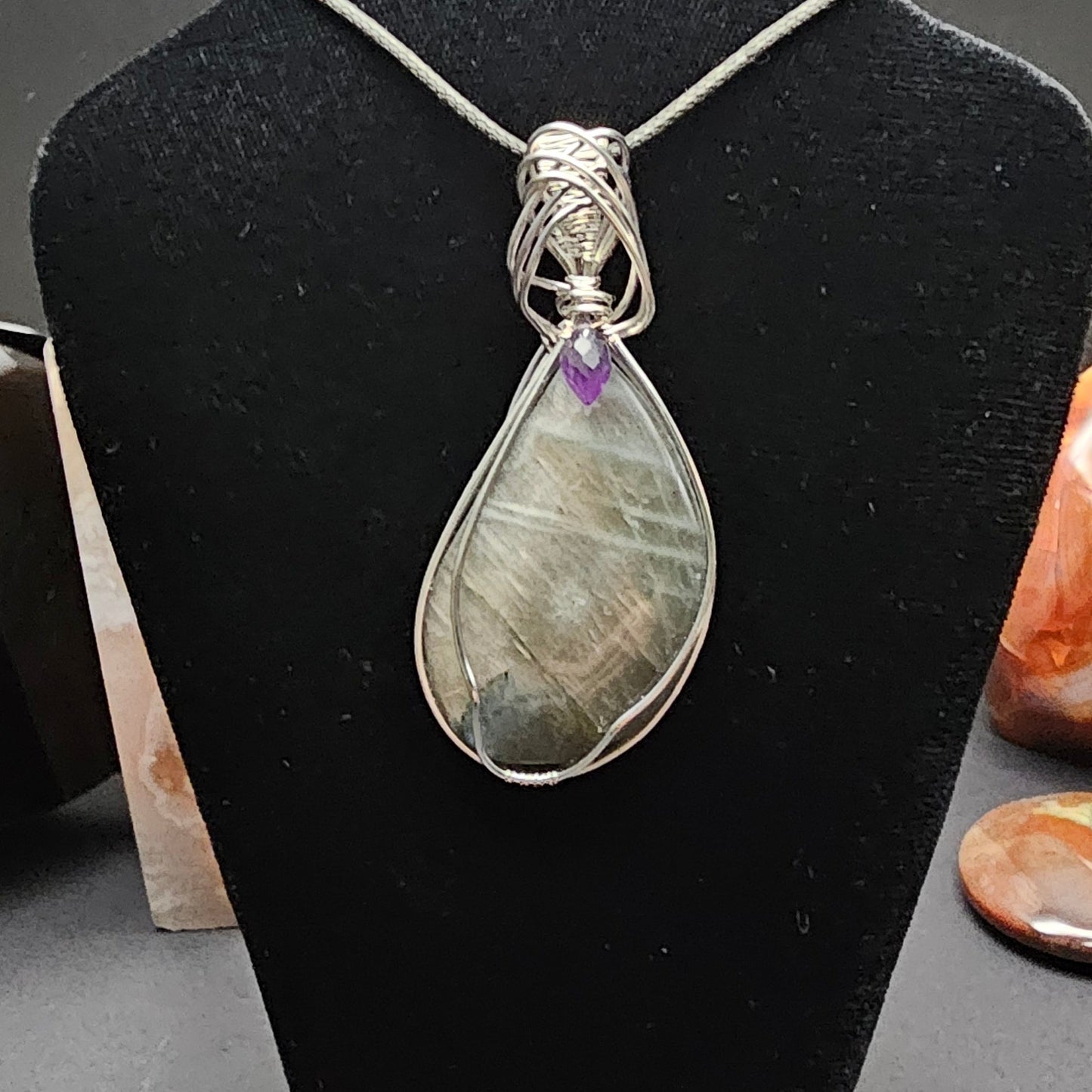 Silver Flash Labradorite with a Touch of Amethyst Silver Pendant