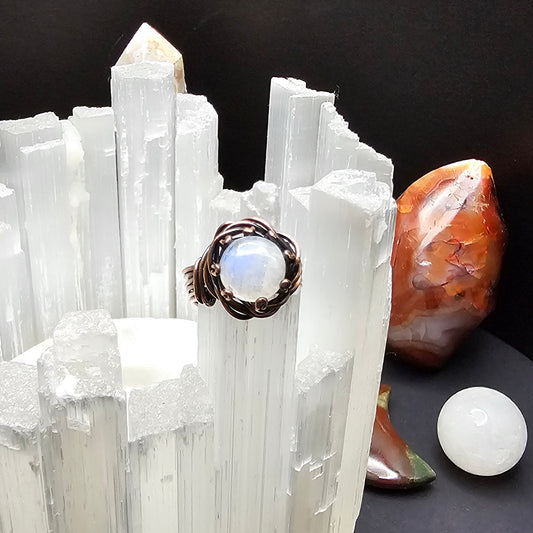 Moonstone Copper Swirls Ring - Size 6.5