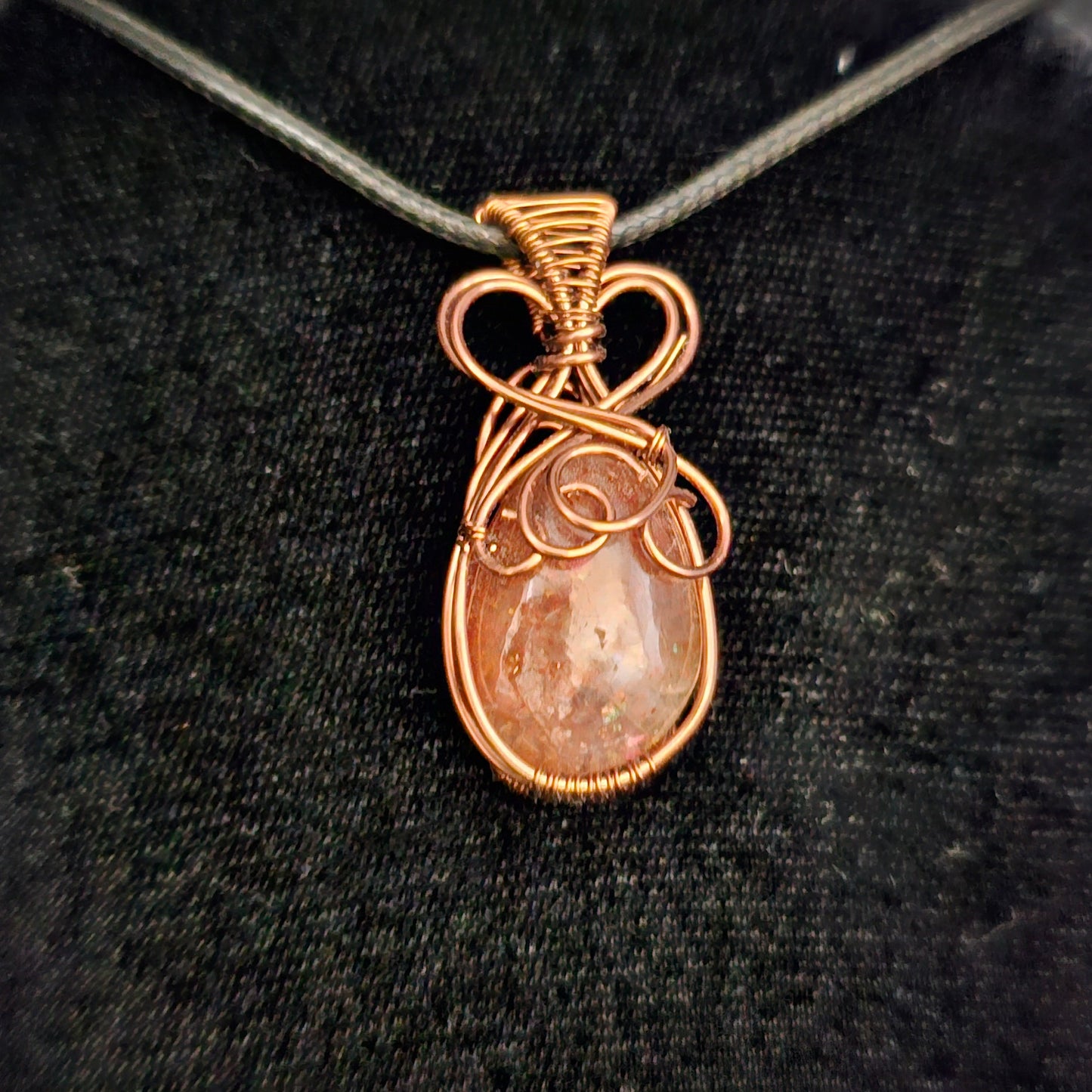 Sunstone Heart and Swirls Antique Copper Pendant