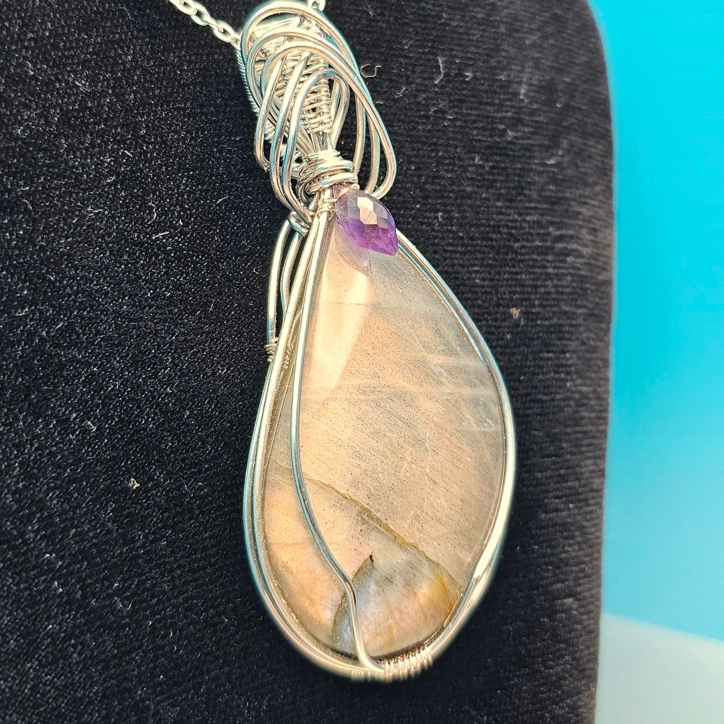 Silver Flash Labradorite with a Touch of Amethyst Silver Pendant