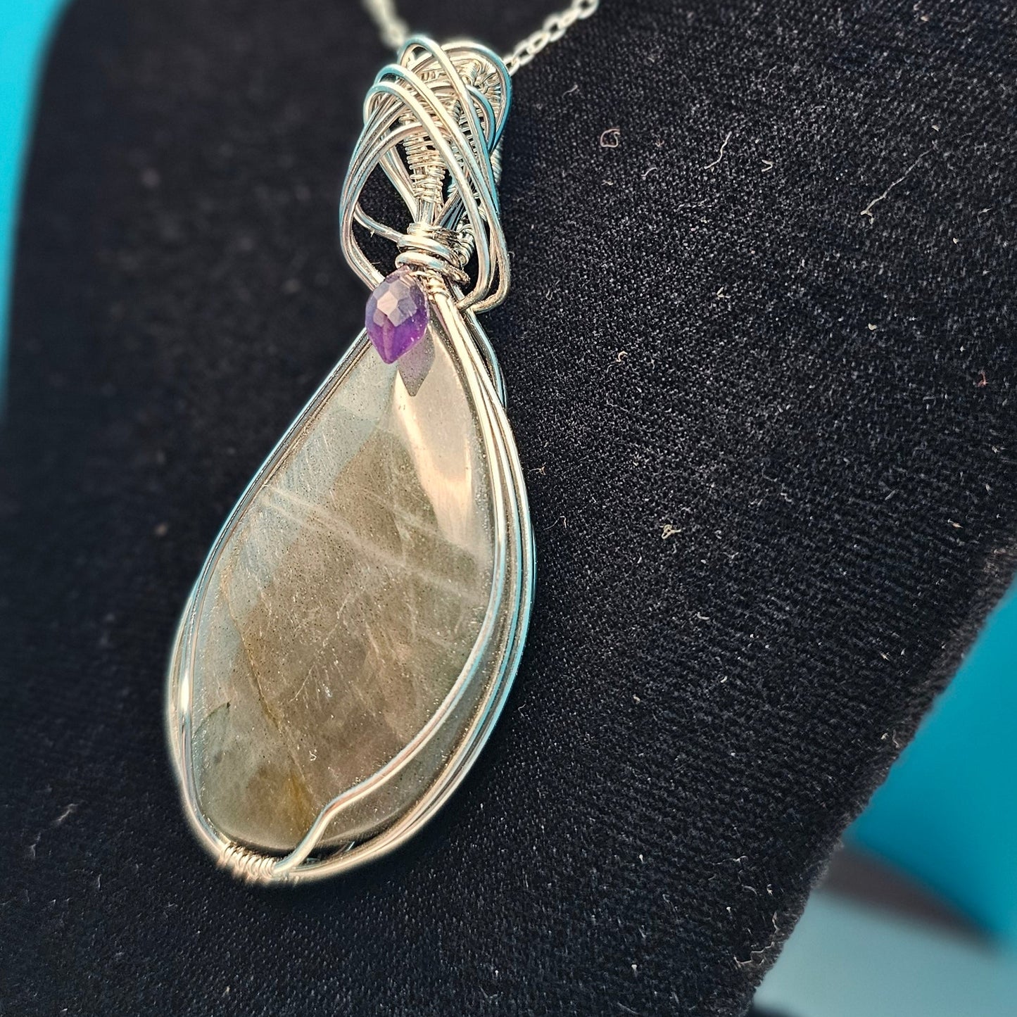 Silver Flash Labradorite with a Touch of Amethyst Silver Pendant