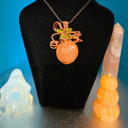 Orange Selenite and Peridot Pumpkin Pendant