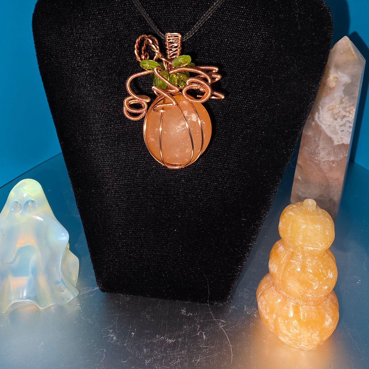 Orange Selenite and Peridot Pumpkin Pendant