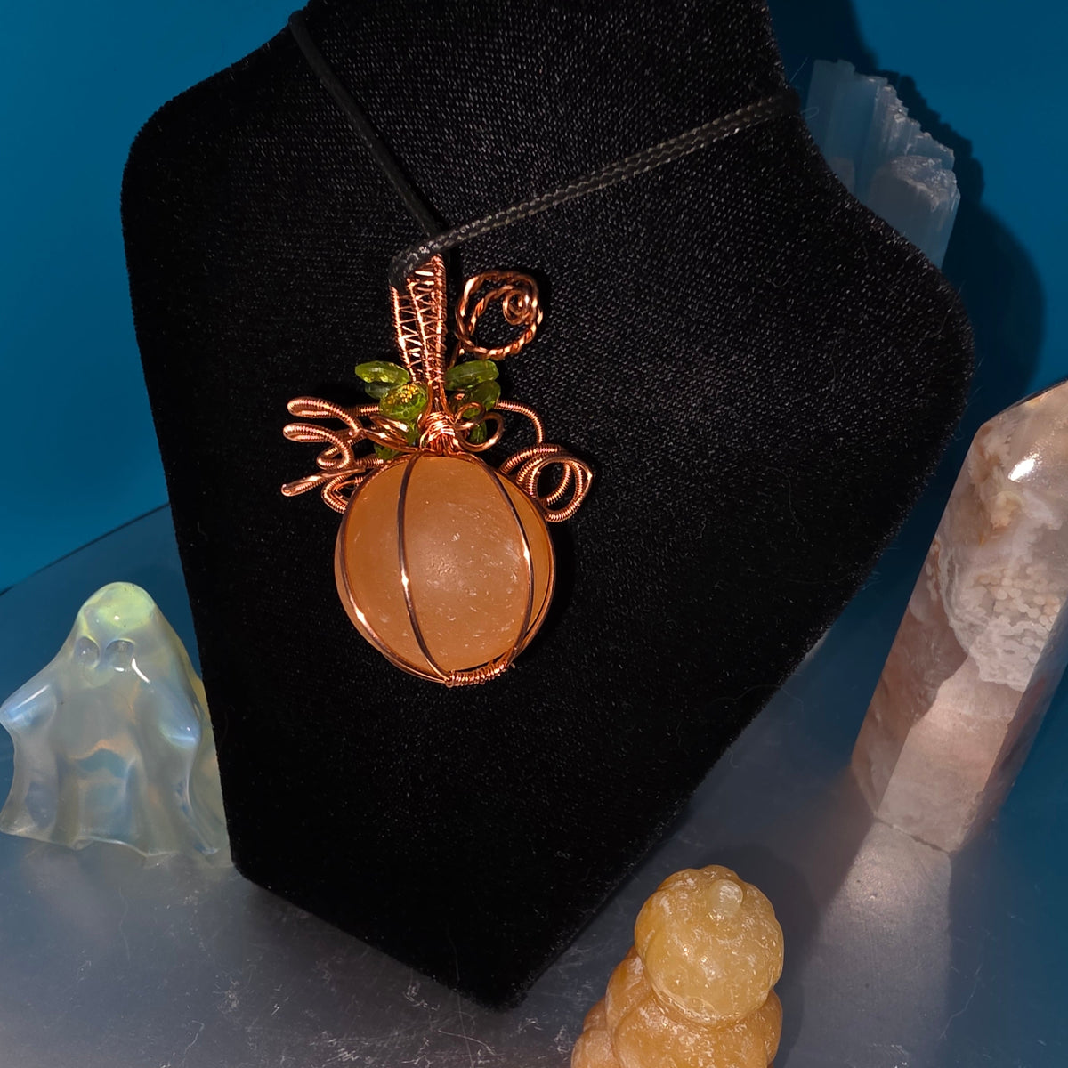 Orange Selenite and Peridot Pumpkin Pendant