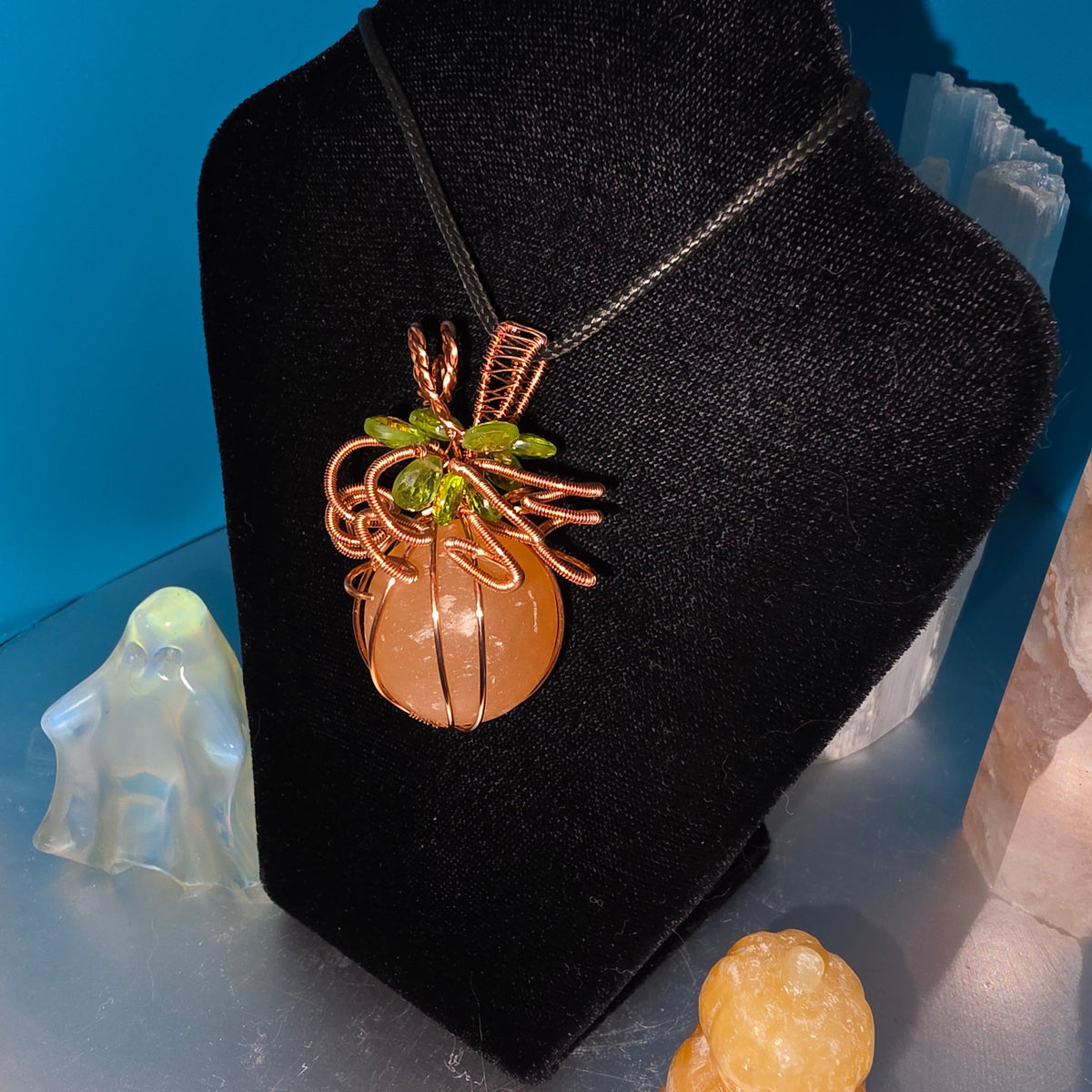 Orange Selenite and Peridot Pumpkin Pendant