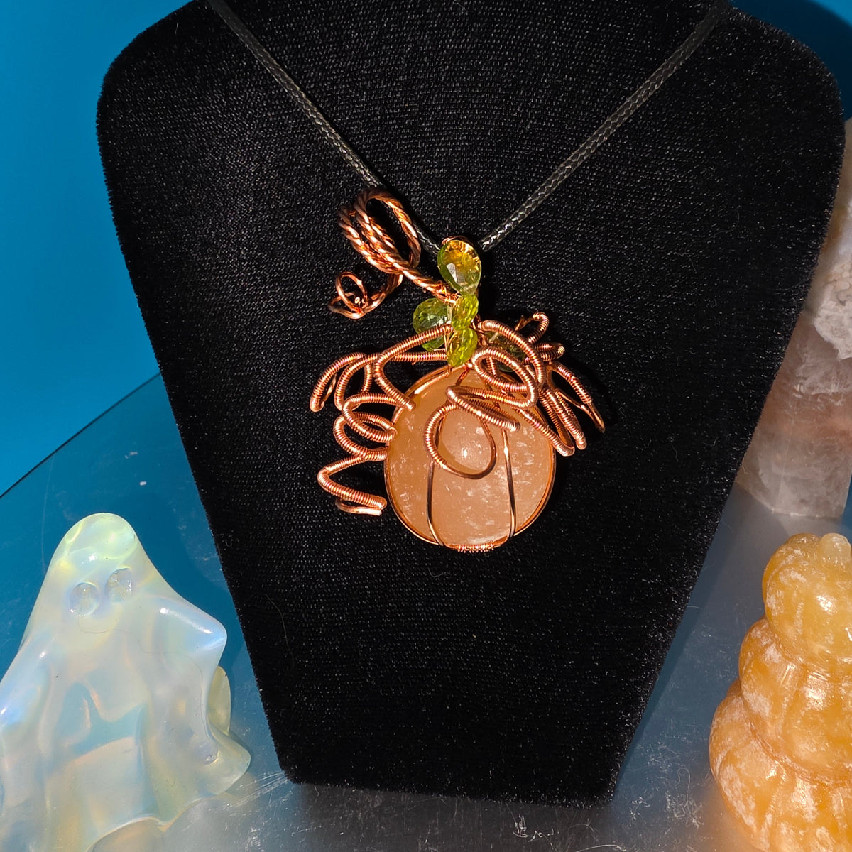 Orange Selenite and Peridot Pumpkin Pendant