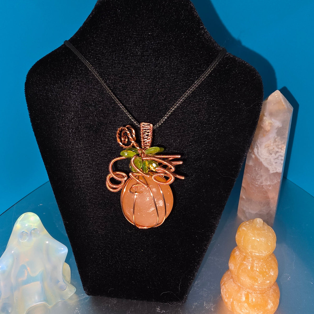 Orange Selenite and Peridot Pumpkin Pendant