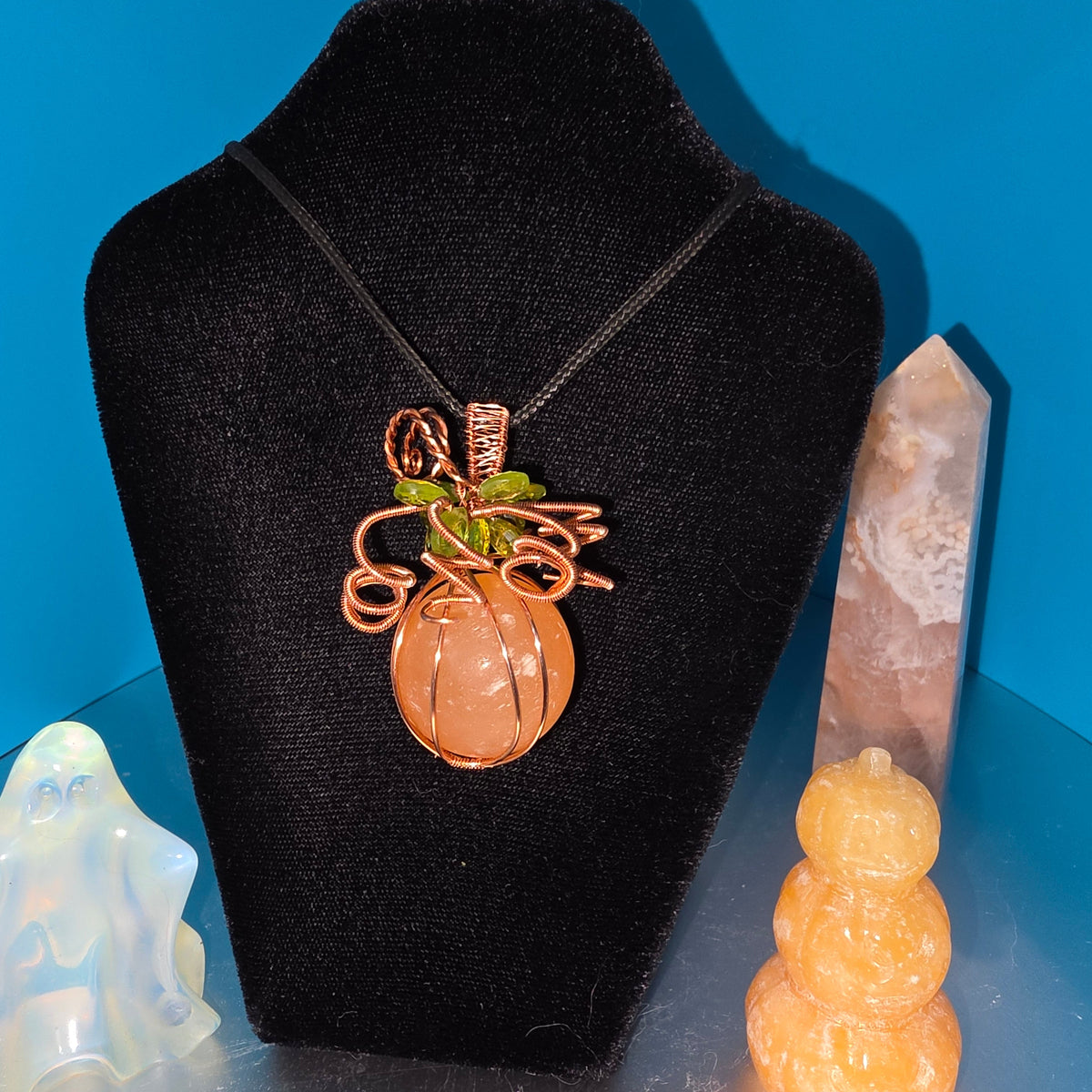 Orange Selenite and Peridot Pumpkin Pendant