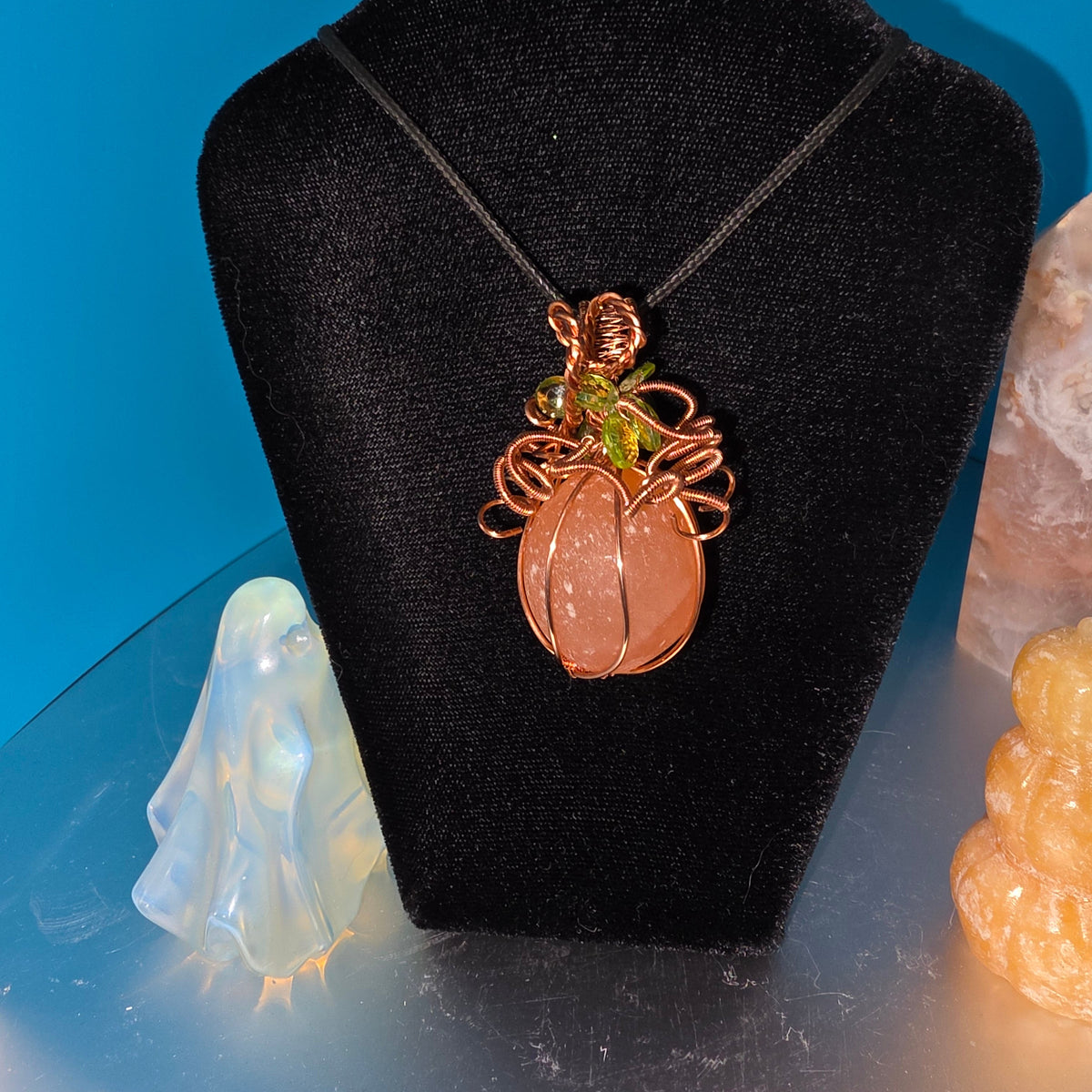 Orange Selenite and Peridot Pumpkin Pendant