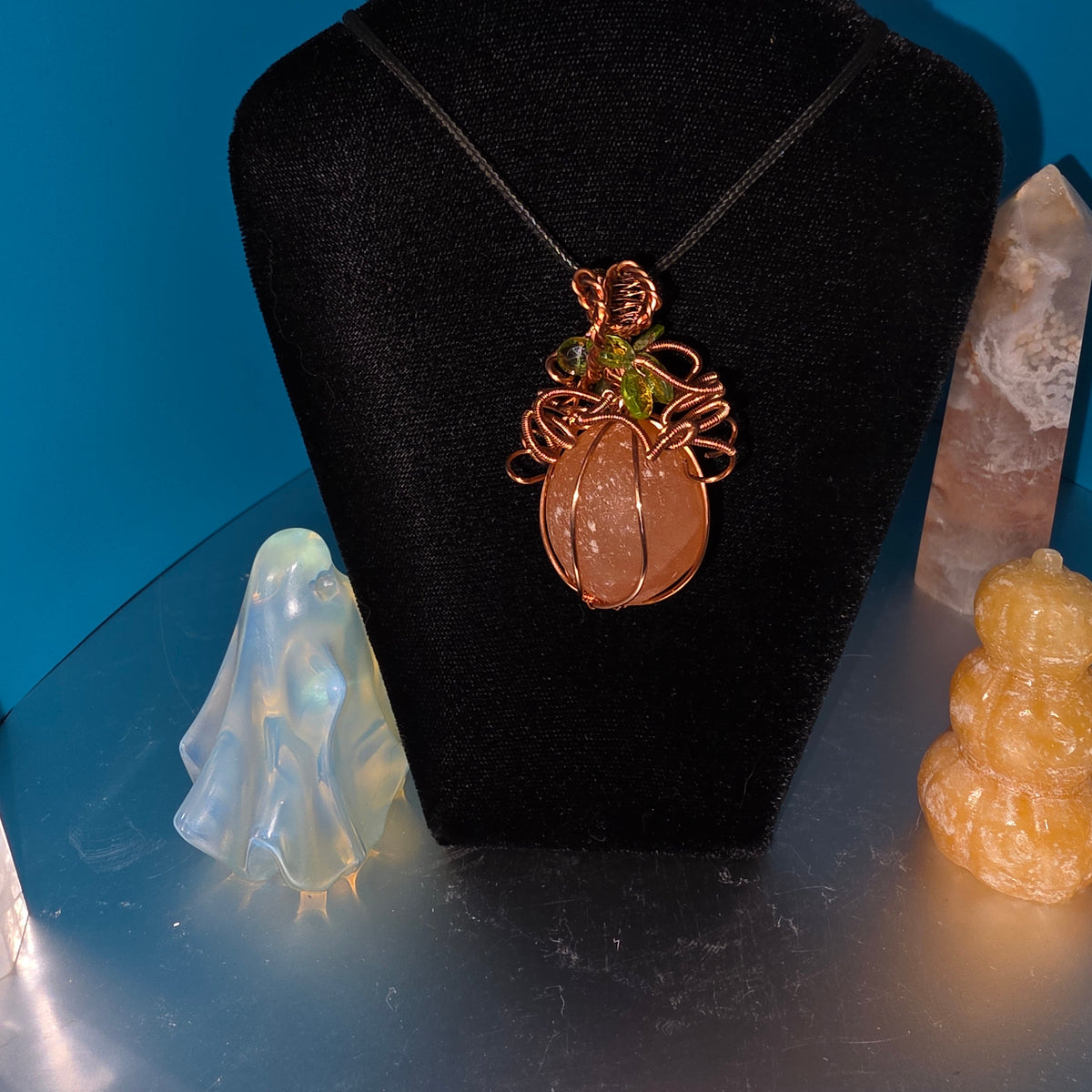 Orange Selenite and Peridot Pumpkin Pendant