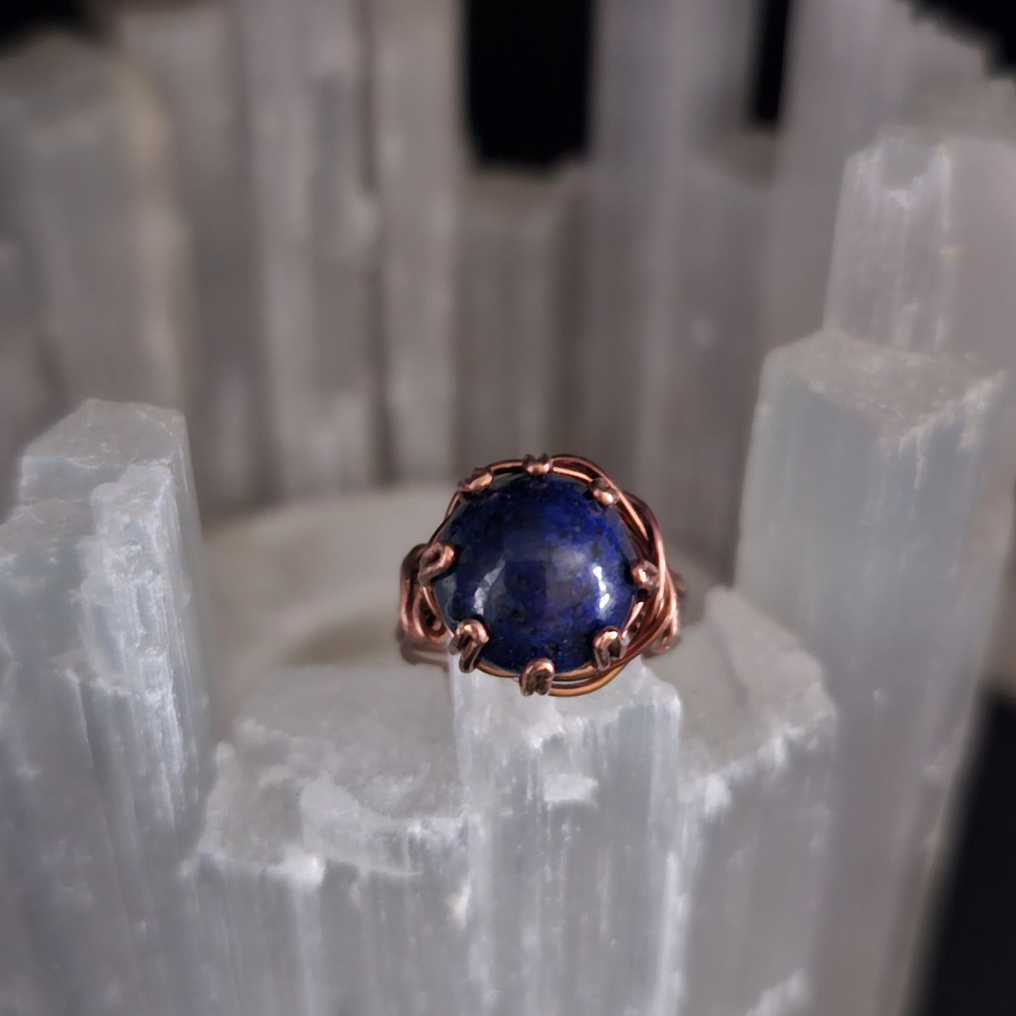Blue Quartz Round Antique Copper Ring - Size 7