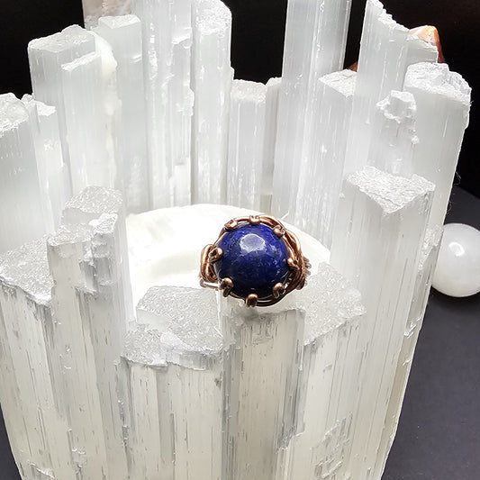 Blue Quartz Round Antique Copper Ring - Size 7