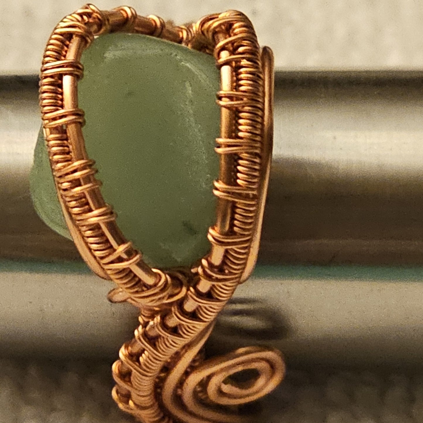 Green Aventurine Weaves and Bands Copper Ring - Size 7