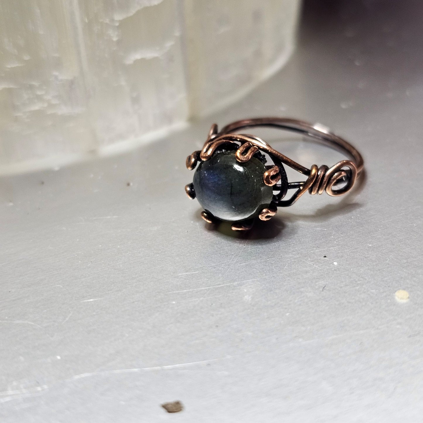 Blue Flash Labradorite Antiqued Copper Ring- Size 6.5