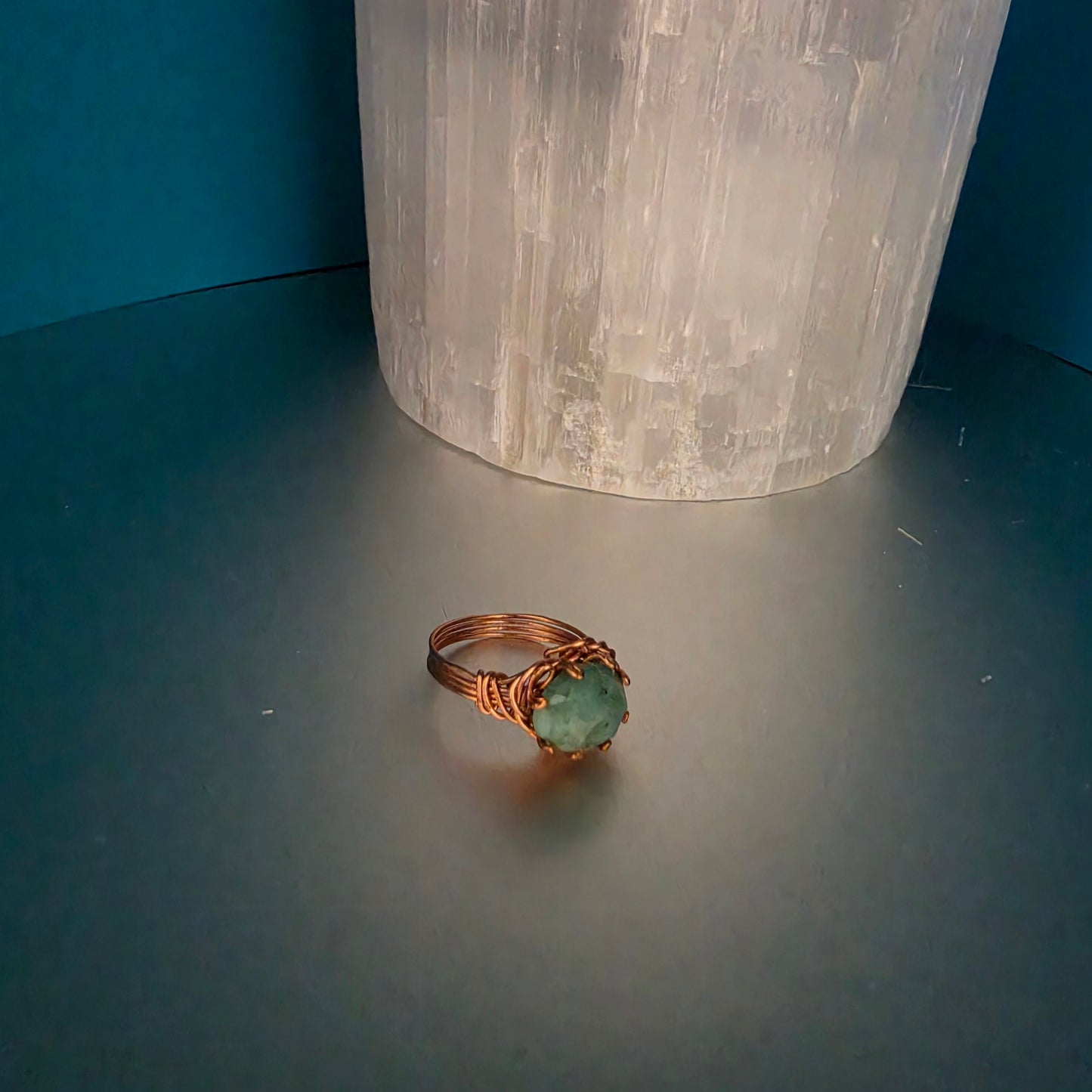 Natural Emerald Solitaire Copper Ring - Size 7.5