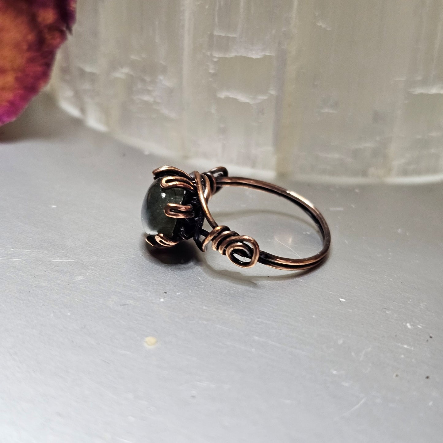 Blue Flash Labradorite Antiqued Copper Ring- Size 6.5