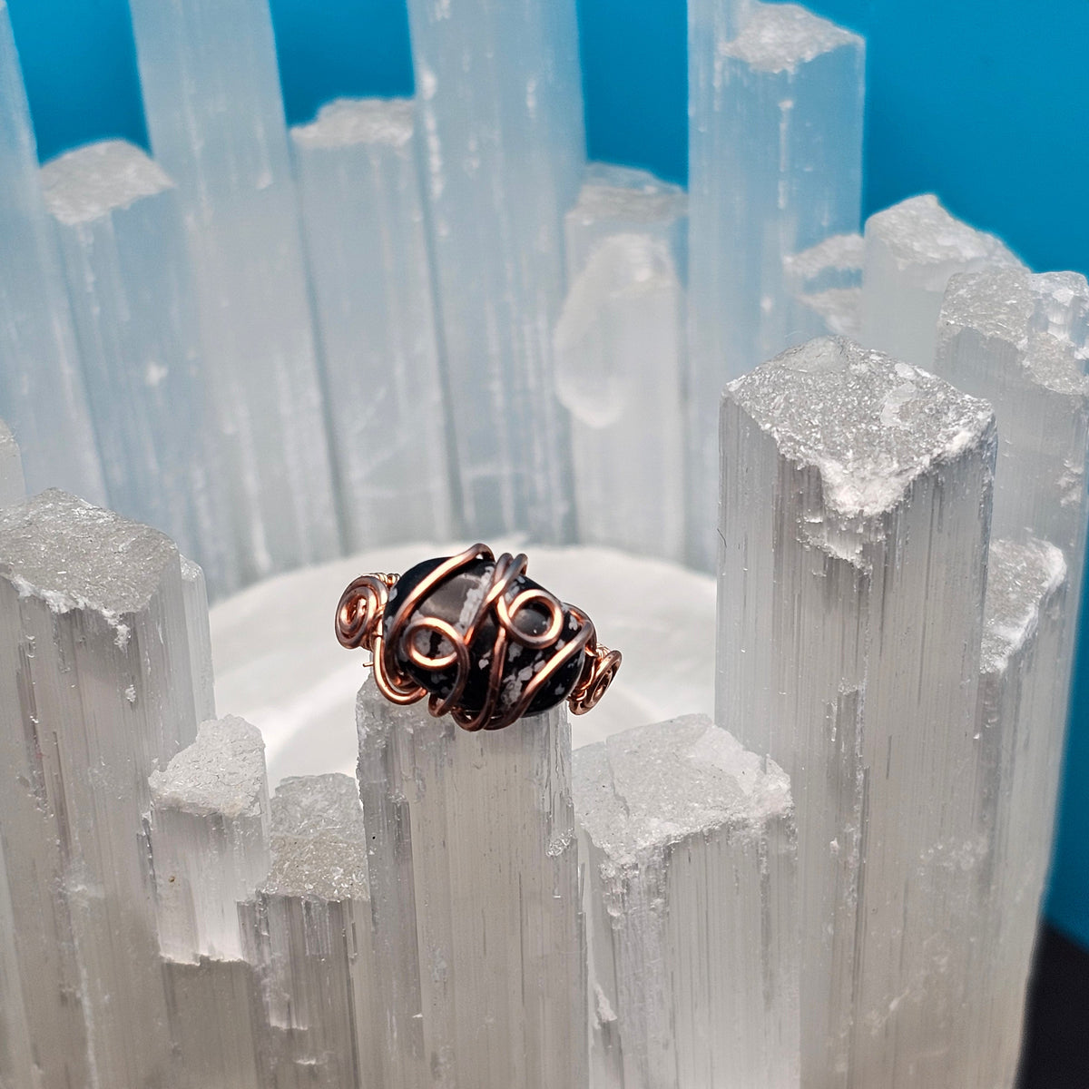 Snowflake Obsidian Swirls and Curls Copper Ring - Size 5.5