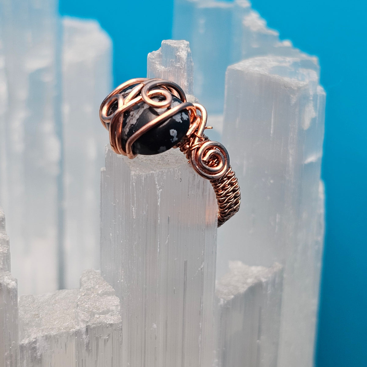 Snowflake Obsidian Swirls and Curls Copper Ring - Size 5.5