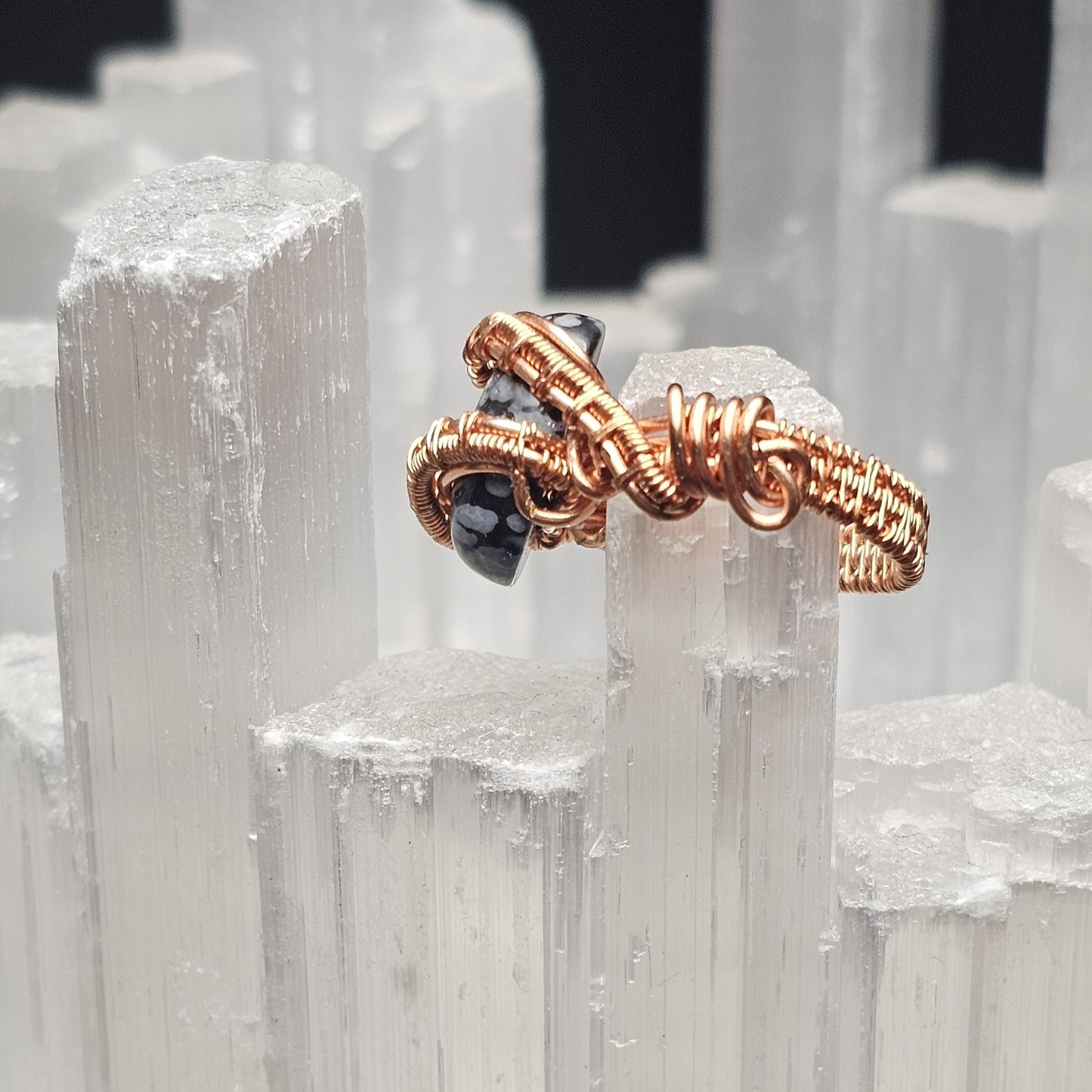 Snowflake Obsidian Weaves and Bands Copper Ring - Size 4