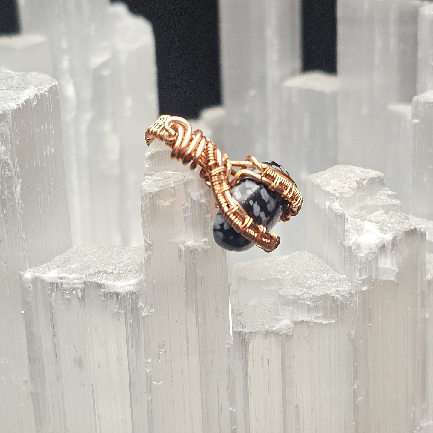 Snowflake Obsidian Weaves and Bands Copper Ring - Size 4