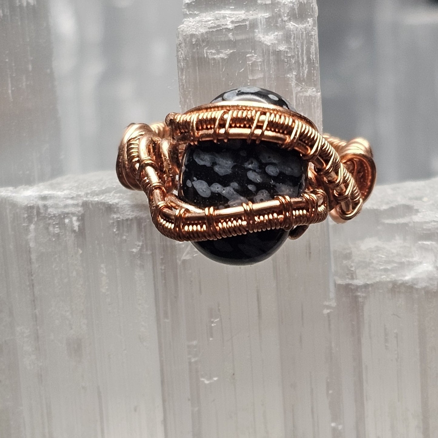 Snowflake Obsidian Weaves and Bands Copper Ring - Size 4