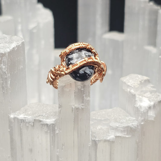Snowflake Obsidian Weaves and Bands Copper Ring - Size 4